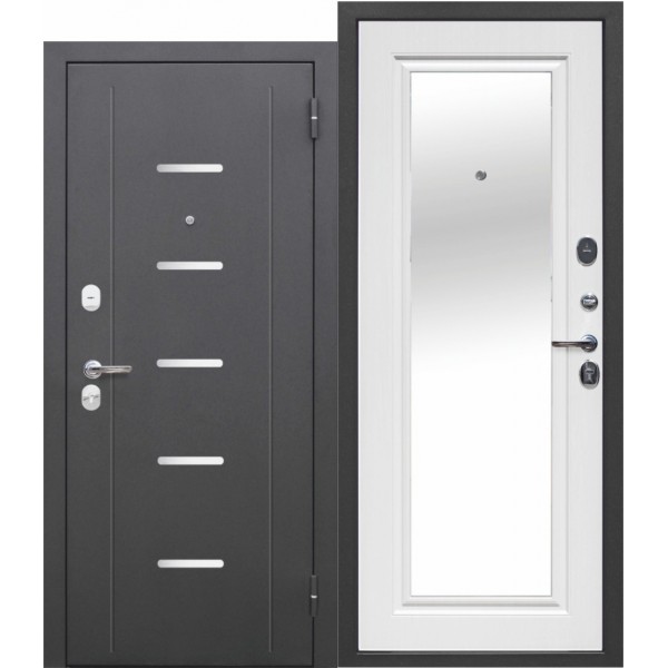 Входная металлическая дверь 7,5 см Гарда Серебро зеркало Белый ясень