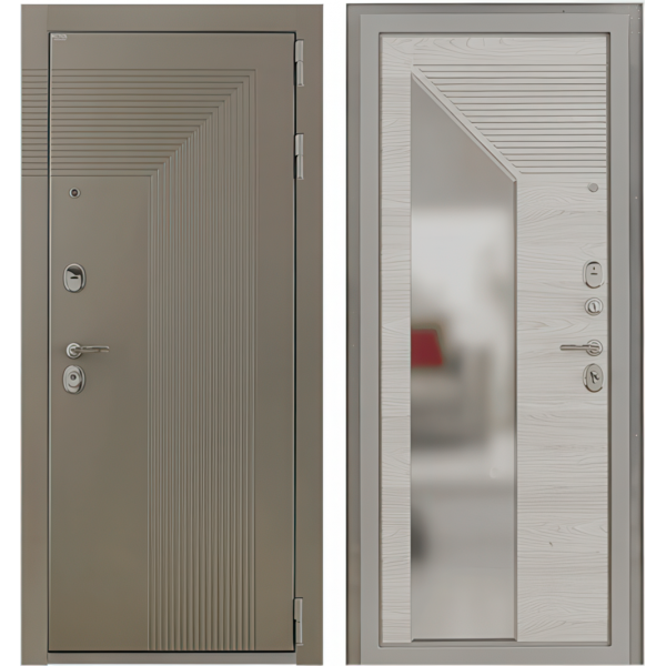 Входная дверь металлическая LINEA АТЛАНТ риолит софт тач ясень капучино, зеркало