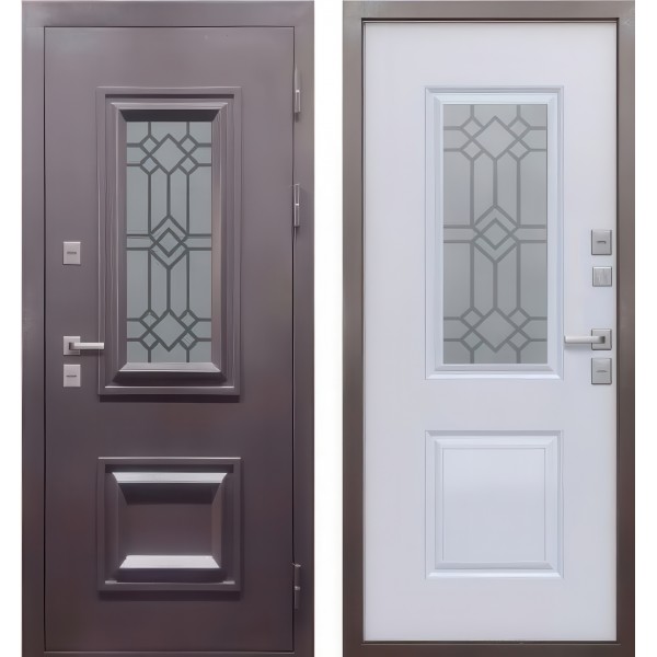 Входная дверь металлическая Протерма 3Д стеклопакет Букле шоколад Белый матовый ТЕРМОРАЗРЫВ